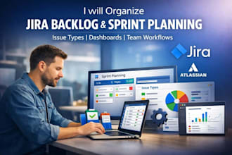 organize jira backlog, sprint planning, issue type, dashboard, and team workflow