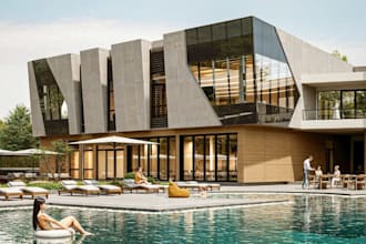 revit 3d minimalist house design, concrete facade render,luxury resort 3d visual