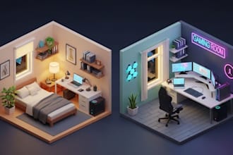 model 3d low poly isometric environment, interior and exterior in blender