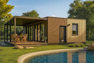 modular 3d farmhouse exterior, cabin house,indoor lounge layout render,sketchup