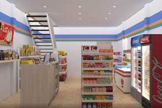 craft3d convenience store interior,pastry shop design,retail store render,shelve