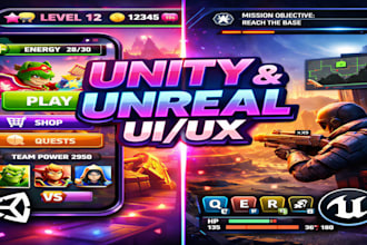 design UI UX design, hud, menus and animation for unity or unreal engine game