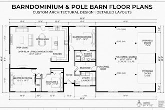 draw barndominium and pole barn house plan and floor plans rendering
