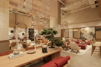 restyle 3d cozy cafe interior,commercial space,restuarant design,cgi lounge area