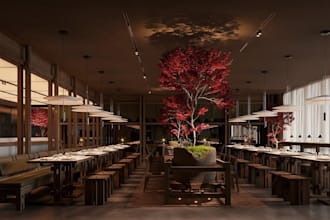 design modern restaurant interior, 3d coffee shop, 2d plan, furniture render