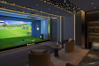 redesign 3d golf simulator,hitting mat,impart screen,golf showroom,indoor lounge
