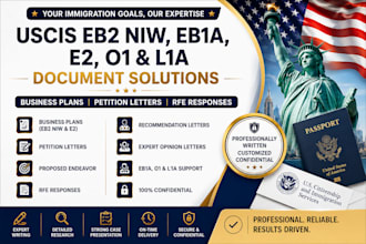 write uscis eb2 niw petition, eb1a, l1a, o1, e2 visa business plan, rfe response