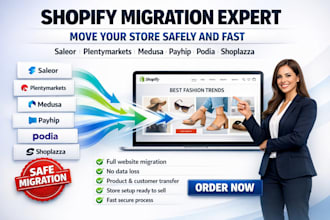 migrate saleor plentymarkets medusa payhip podia shoplazza website to shopify