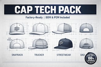 create custom factory ready cap tech pack and headwear design for manufacturing