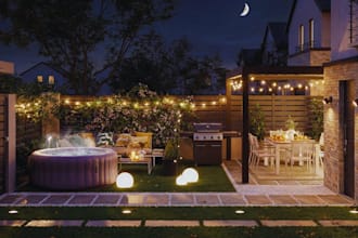 design 3d backyard, front yard garden, pool, patio with photorealistic rendering