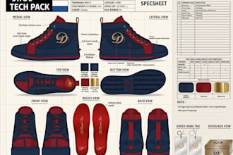 create professional shoe tech pack and sneaker design ready for manufacturing