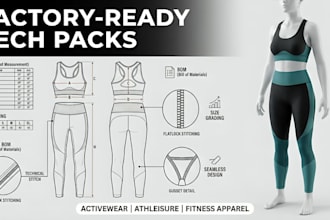 create factory ready activewear tech pack with bom, grading and athleisure
