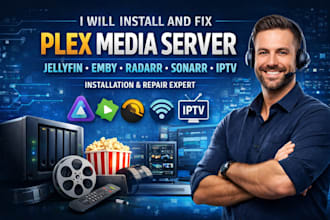 install and fix plex media server, jellyfin, emby, radarr, sonarr and iptv