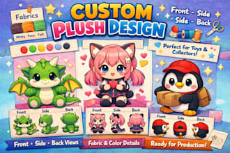 design custom plushie reference sheet, stuffed animal character or ych concept