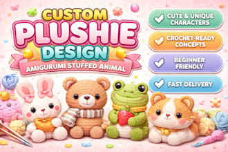 design custom plushie toy character, amigurumi stuffed animal