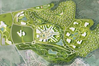 design 3d site plan presentation by google map, smart city,landscape aerial view