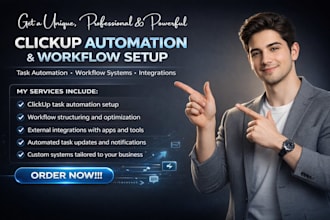 setup clickup workflows, task automation, and external integrations