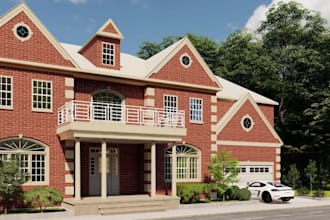 redesign 3d red brick house exterior, modern georgian, facade render, rooftop