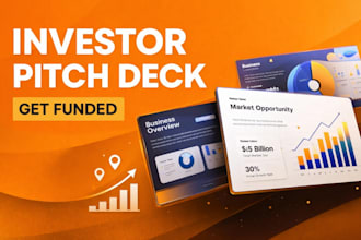 design professional investor pitch deck, startup presentation,  business slides