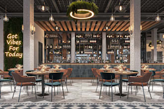 revamp restaurant interior, industrial chic bar, lounge area render, brick wall