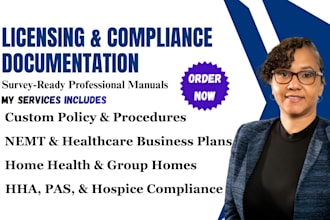 license, write policy and procedure manual, business plan for healthcare, nemt