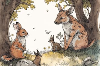 draw animals in sketchy lineart with watercolour