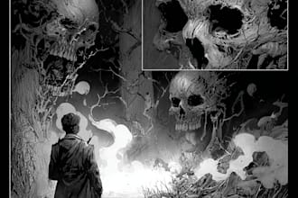 draw gore black and white dark fantasy horror illustration