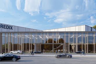 construct 3d exterior warehouse building,glass facade,driveway design,d5 render