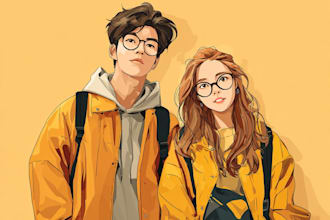 draw anime, bl, couple oc character illustration for you