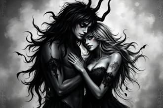 draw black white dark horro fantasy art and friendship portrait
