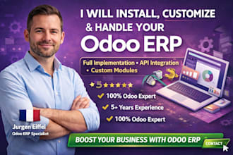 install, customize and handle odoo erp implementation modules, API integration