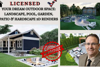 do landscape design, pool, garden, patio, front, back yard, hardscape 3d render