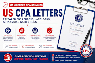 sign US CPA letter, comfort letter, self employment CPA letter profit and loss