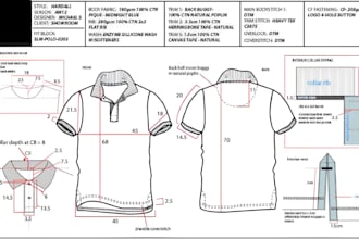 create professional clothing tech packs and technical drawings
