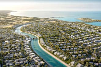 construct community landscape, street layout, area development, aerial rendering