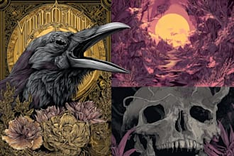 create dark fantasy art illustration for albums cover, merch, tattoo