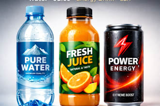 design premium 3d bottle model for water, juice, energy drink, beverage label