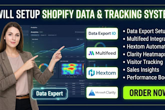 setup shopify operation data export io, multifeed, hextom, microsoft clarity app