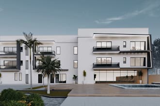 design 3d luxury hotel building,exterior facade landscape, deck area,park layout
