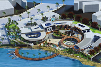 do 3d amusement, water and theme park resort with photorealistic cgi renders