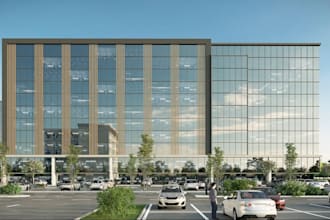 render corporate office exterior,modern glass facade,commercial building, revit