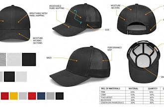 design cap, hat tech pack, trucker, bucket hat, dad, flat sketch with 3d mockup