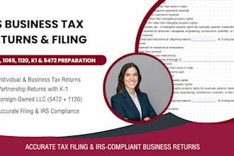 prepare and file US business tax returns 1040 1065 1120 k1 and 5472