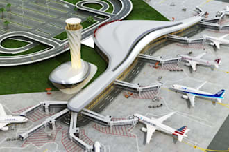 design airport exterior,airplane taxiway,aircraft hangar,passenger lounge render
