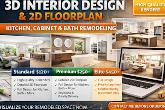 model render 3d kitchen remodel cabinet bath interior design 2d floorplan