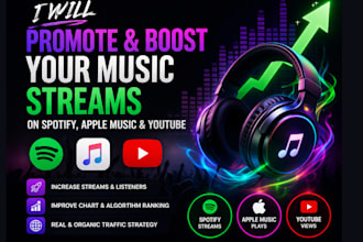 promote and boost your music streams on spotify, apple music, boomplay, youtube