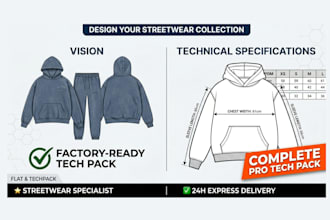 create a factory ready streetwear tech pack for hoodies, tracksuits