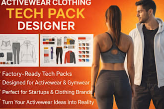 create factory ready activewear tech pack flat sketches sportswear and gymwear