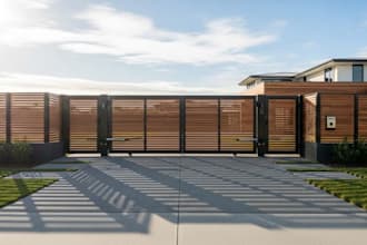design a modern main gate and fence with realistic 3d rendering