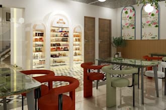 walkthrough 3d cozy cafe interior,coffee house, retail design,bakery shop render